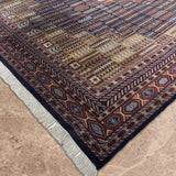 Ruh Safar – Hand Knotted Wool Rug in Navy Blue /Camel Brown