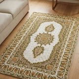 Aranya Bloom – Chain Stitch Embroidery Cotton Rug in Cream/Olive Green