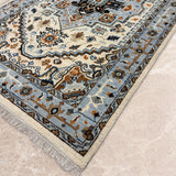 Nazneen-e-Aab – Hand Knotted Wool Rug in Blue/Cream