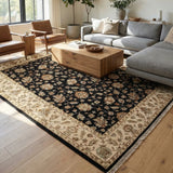 Mehergul – Hand Knotted Wool Rug in Navy Blue/Beige