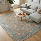 Neelzohra – Hand Knotted Wool Rug in Slate Grey/Turquoise Blue