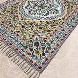 Gulshan Bloom – Chain Stitch Embroidery Cotton Rug in Lemon Yellow/Mint Green