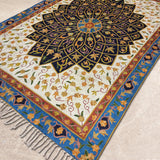 Indigo Rosette – Chain Stitch Embroidery Cotton Rug in Cream/Navy Blue