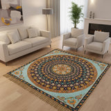 Mandala Reverie – Chain Stitch Embroidery Cotton Rug in Navy Blue/Sea Blue