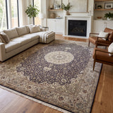 Mahzarin – Hand Knotted Silk Rug in Navy Blue/Ivory