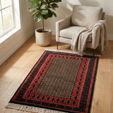Kohsar – Hand Knotted Wool Rug in Deep Navy Blue/ Brick Red