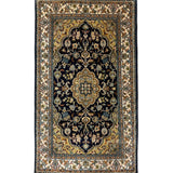 Zarafruz – Hand Knotted Silk Rug in Navy Blue/Antique Gold