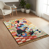 Playful Geometry – Chain Stitch Embroidery Cotton Rug in Cream/Blue
