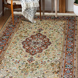 Roshd - Hand Knotted Silk Rug In Light Green/Rust