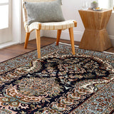 Hayat - Hand Knotted Silk Rug In Navy Blue/Cream