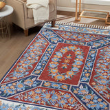 Bahar - Chain Stitch Embroidery Cotton Rug In Brick Red/Blue