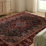 Shazaan - Hand Knotted Wool Rug In Navy Blue/ Maroon