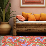 Parwana - Chain Stitch Embroidery Cotton Rug In Bright Red/Lilac