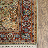Roshd - Hand Knotted Silk Rug In Light Green/Rust