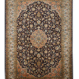 Tarannum - Hand Knotted Silk Rug In Navy Blue/Peach
