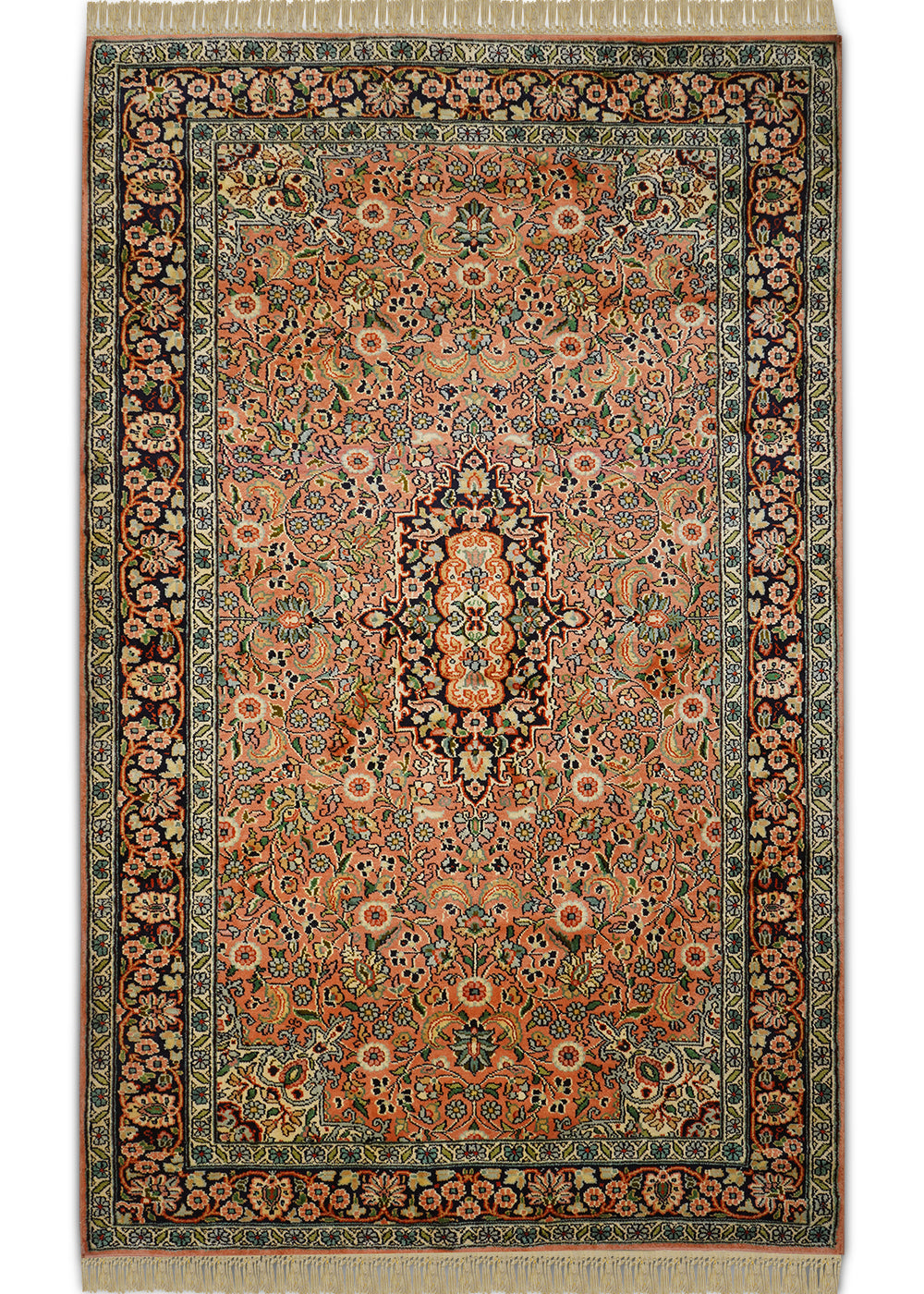 A beautifully handcrafted Kirman Persian rug featuring intricate floral motifs, delicate arabesques, and a captivating central medallion. The warm peach and blue hues create a sense of elegance and serenity, making it a perfect addition to any living space.