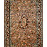 A beautifully handcrafted Kirman Persian rug featuring intricate floral motifs, delicate arabesques, and a captivating central medallion. The warm peach and blue hues create a sense of elegance and serenity, making it a perfect addition to any living space.