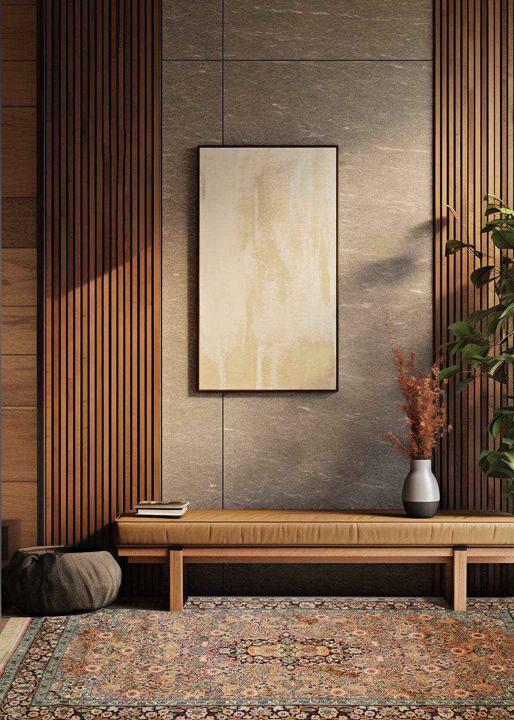 A beautifully styled living space featuring the Kirman Peach & Blue Persian Rug. The intricate floral motifs and warm hues of the rug complement the elegant decor, creating a cozy and sophisticated ambiance. The space is adorned with a wooden bench, neutral-toned wall paneling, and soft natural lighting.