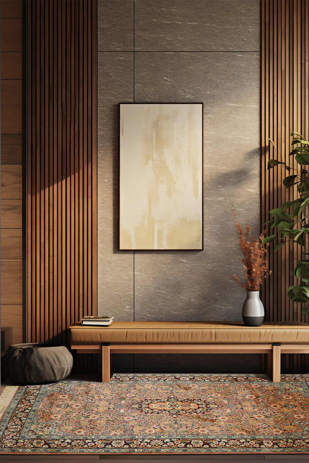 A beautifully styled living space featuring the Kirman Peach & Blue Persian Rug. The intricate floral motifs and warm hues of the rug complement the elegant decor, creating a cozy and sophisticated ambiance. The space is adorned with a wooden bench, neutral-toned wall paneling, and soft natural lighting.