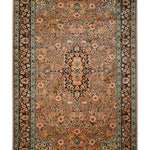 A beautifully handcrafted Kirman Persian rug featuring intricate floral motifs, delicate arabesques, and a captivating central medallion. The warm peach and blue hues create a sense of elegance and serenity, making it a perfect addition to any living space.