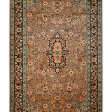 A beautifully handcrafted Kirman Persian rug featuring intricate floral motifs, delicate arabesques, and a captivating central medallion. The warm peach and blue hues create a sense of elegance and serenity, making it a perfect addition to any living space.