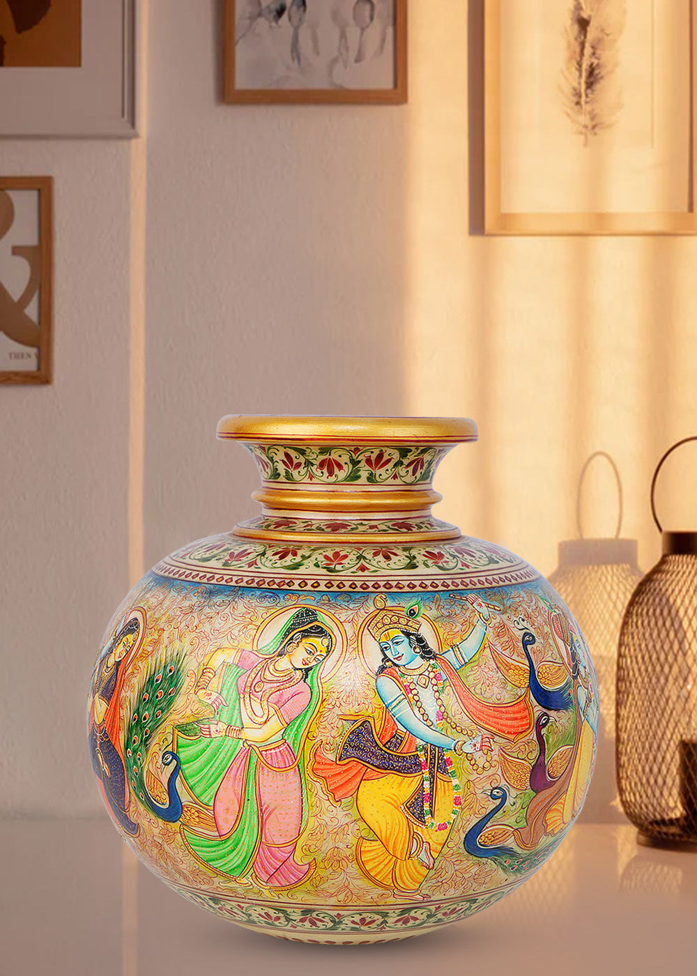 Round marble vase meticulously hand-painted with a vibrant depiction of Lord Krishna dancing with gopis and peacocks, featuring intricate traditional Indian motifs and a decorative neck.