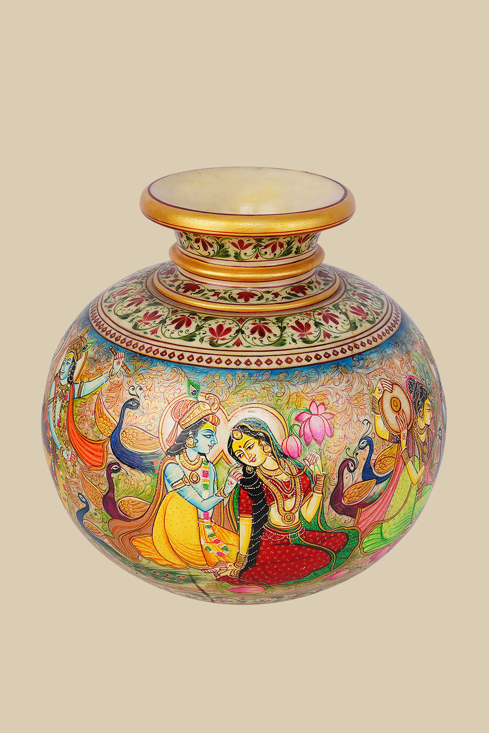 Hand-painted marble flower vase featuring a traditional Indian artwork depicting Radha and Krishna in a romantic setting, surrounded by other figures, peacocks, and lotus blossoms, with intricate decorative patterns.