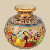 Hand-painted marble flower vase featuring a traditional Indian artwork depicting Radha and Krishna in a romantic setting, surrounded by other figures, peacocks, and lotus blossoms, with intricate decorative patterns.