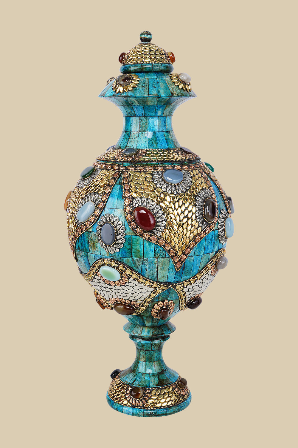 Exquisite azure camel bone vase intricately adorned with gold-colored metalwork and various colorful gemstone inlays, showcasing a traditional Surahi shape.