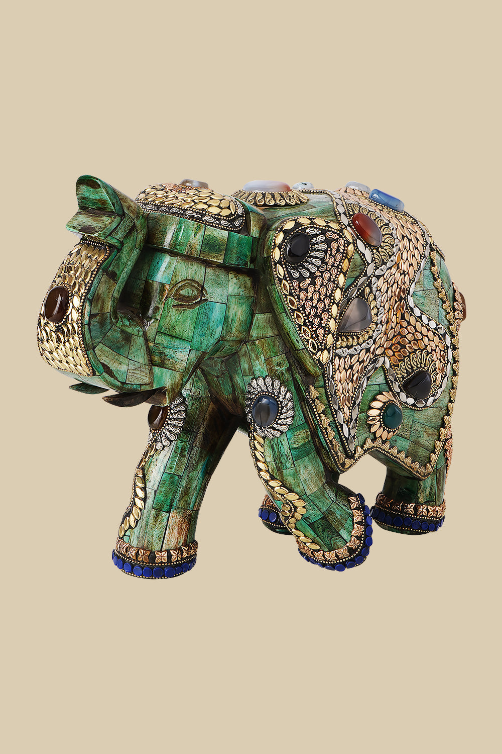 Intricately jeweled green elephant decor crafted from camel bone with detailed gold-tone metalwork and colorful semi-precious stone accents.