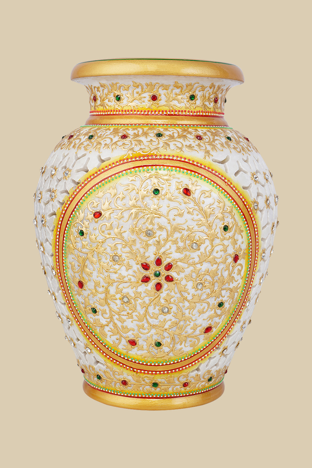 Beautiful white marble flower vase featuring intricate undercut carving, hand-painted with golden floral designs and embellished with embedded red and green gemstones.