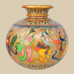 Hand-painted round marble pot vase featuring a colorful scene of Lord Krishna dancing with gopis (milkmaids) amidst peacocks, adorned with traditional Indian art motifs and a decorative rim.