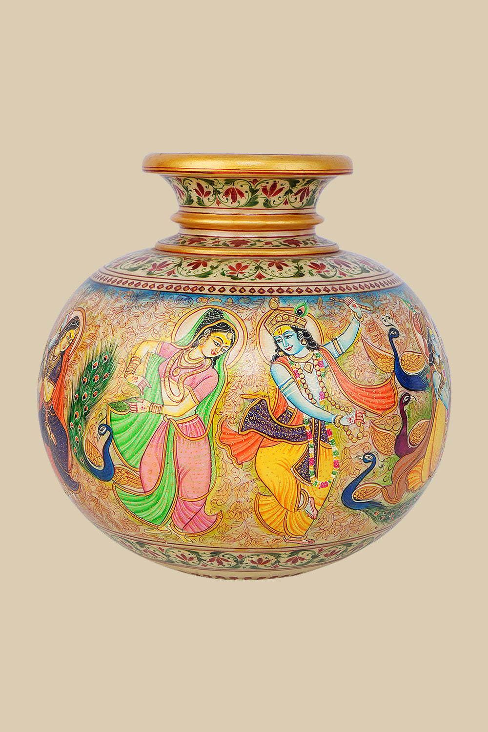 Hand-painted round marble pot vase featuring a colorful scene of Lord Krishna dancing with gopis (milkmaids) amidst peacocks, adorned with traditional Indian art motifs and a decorative rim.