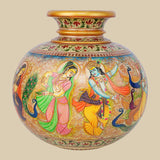 Hand-painted round marble pot vase featuring a colorful scene of Lord Krishna dancing with gopis (milkmaids) amidst peacocks, adorned with traditional Indian art motifs and a decorative rim.