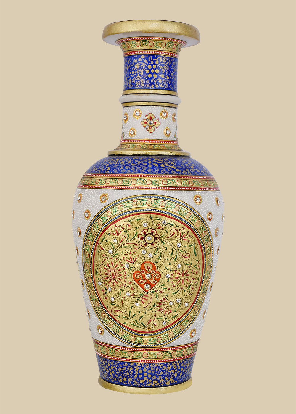 Elegant white marble vase hand-painted in a Mughal-inspired design with intricate floral patterns in red, green, and blue, accented with gold detailing and small embedded stones.