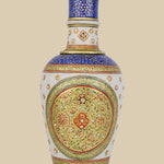 Elegant white marble vase hand-painted in a Mughal-inspired design with intricate floral patterns in red, green, and blue, accented with gold detailing and small embedded stones.