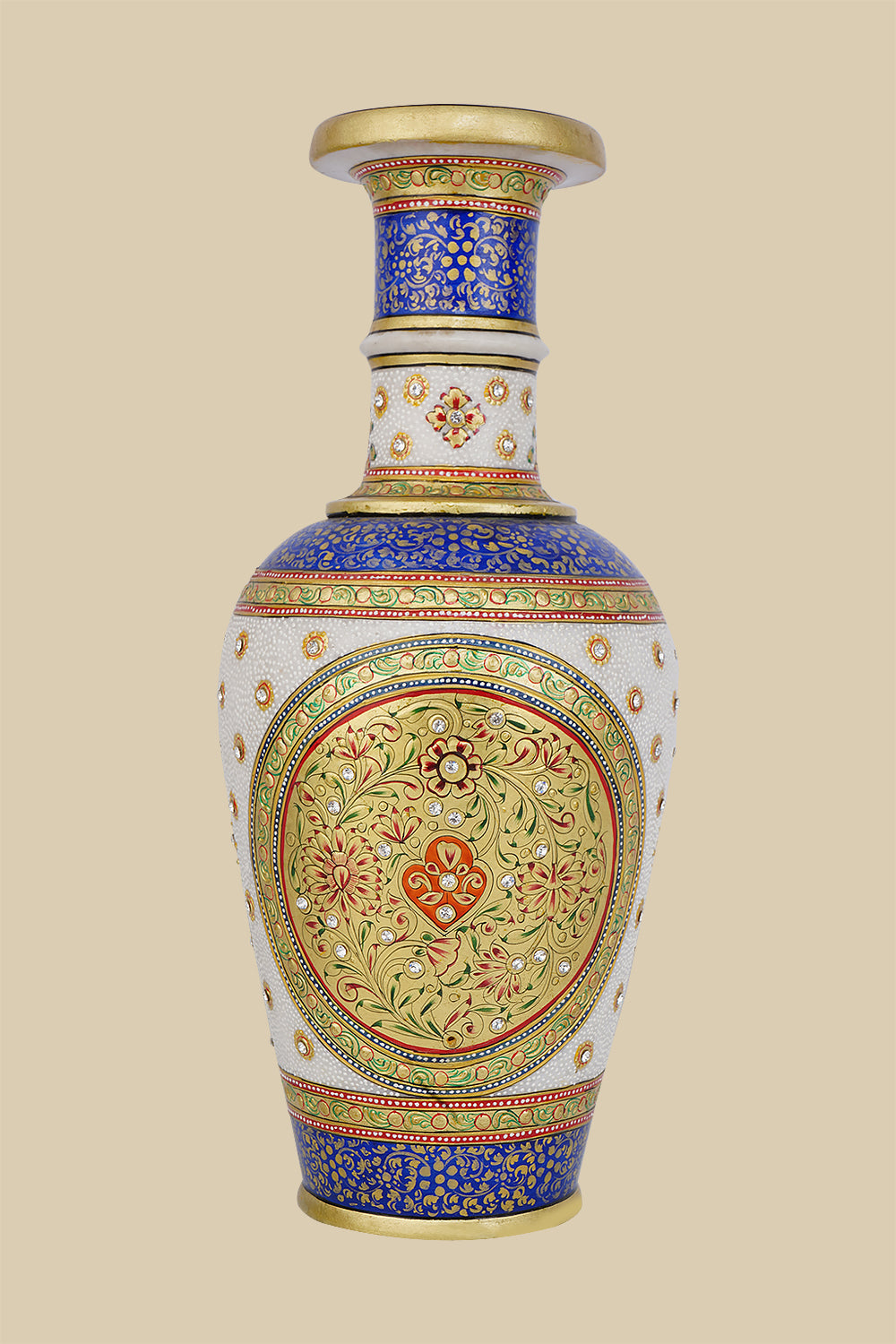Elegant white marble vase hand-painted in a Mughal-inspired design with intricate floral patterns in red, green, and blue, accented with gold detailing and small embedded stones.
