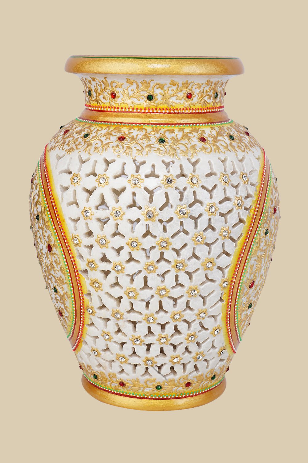 White marble vase featuring intricate openwork undercut carving, hand-painted with gold accents and embellished with embedded red and green gemstones, showcasing a delicate lattice design.