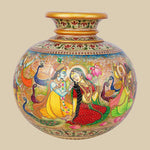 Round marble vase, hand-painted with a vibrant depiction of Radha and Krishna in a loving scene, surrounded by gopis, peacocks, and lotus flowers, featuring traditional Indian art style and decorative borders.
