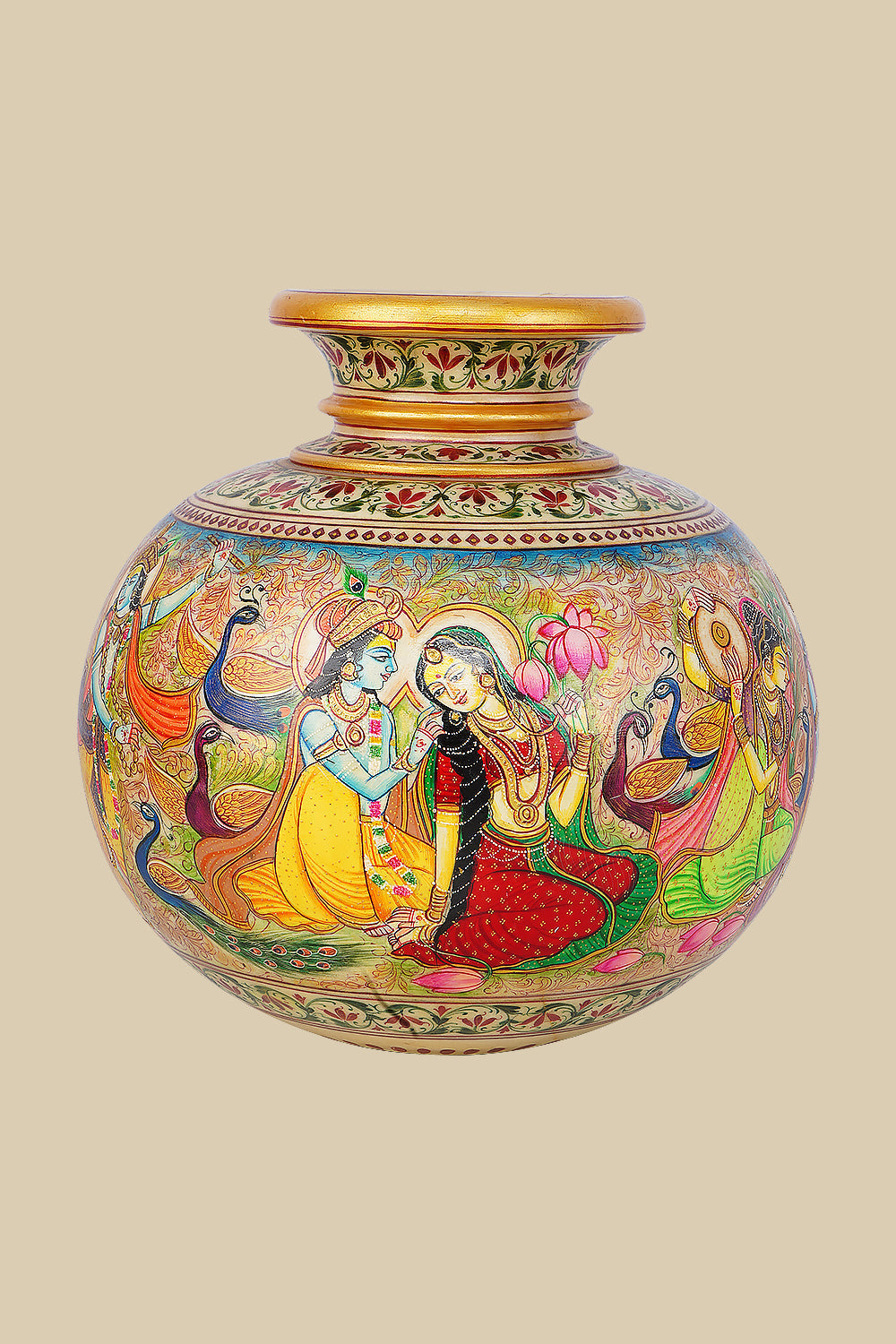Round marble vase, hand-painted with a vibrant depiction of Radha and Krishna in a loving scene, surrounded by gopis, peacocks, and lotus flowers, featuring traditional Indian art style and decorative borders.