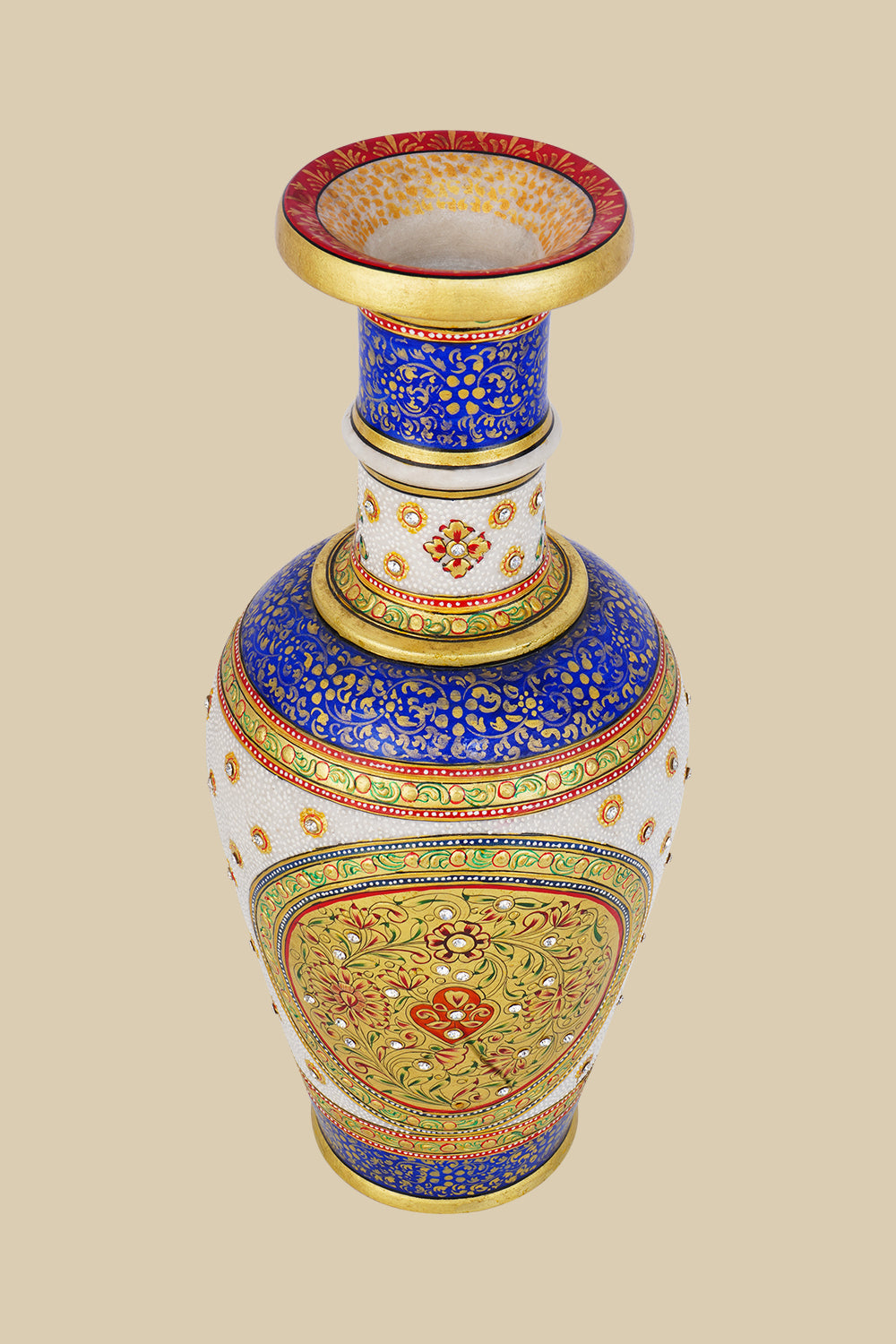 White marble vase with a vibrant hand-painted design featuring intricate floral patterns in rich blues, reds, and greens, accented with gold detailing and small embedded stones. The view is from slightly above, showing the painted interior of the rim.